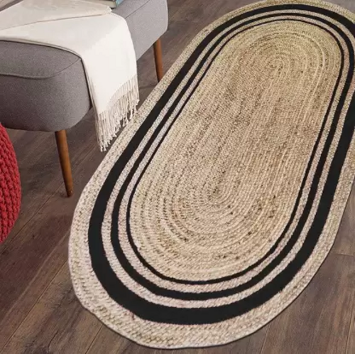 Black, Beige Jute Area Rug (2 ft, X 4 ft, Oval)